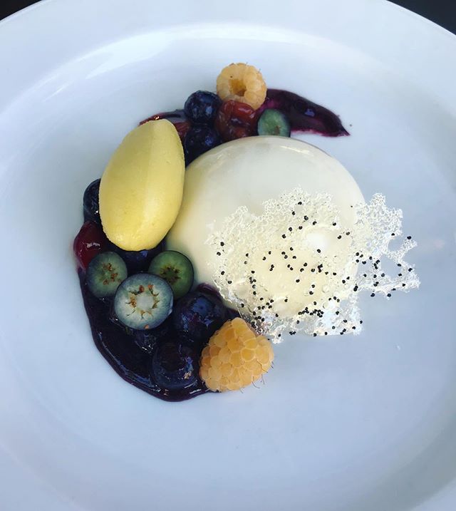 Toasted fig leaf panna cotta, summer berries, lemon basil sorbet