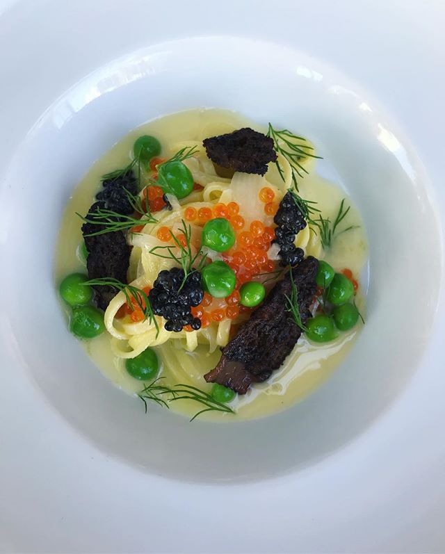 Chitarra pasta, caviar, English peas, wood grilled morels, beurre blanc